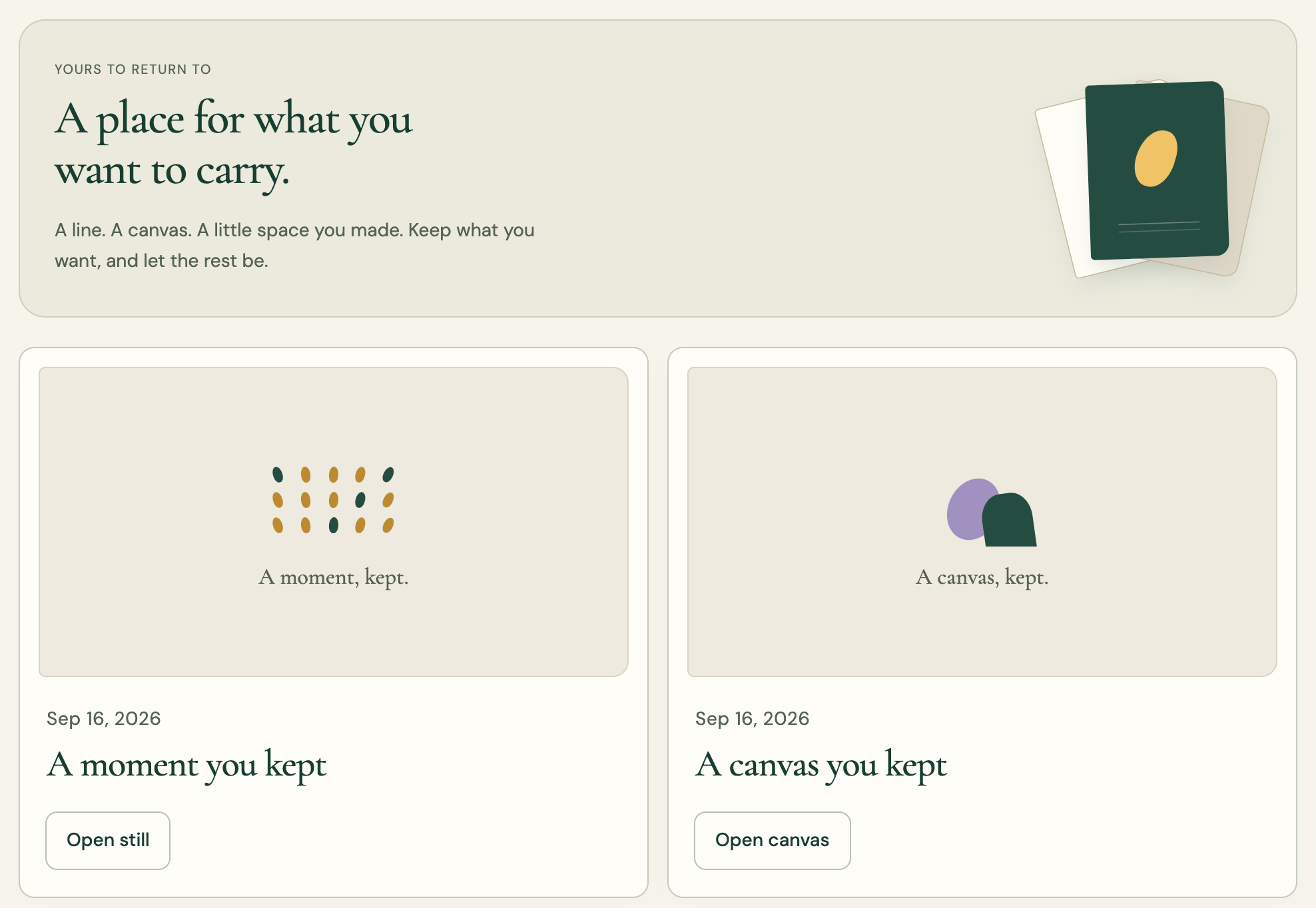The Keepsakes screen in a Companion, with a kept still and a kept canvas.