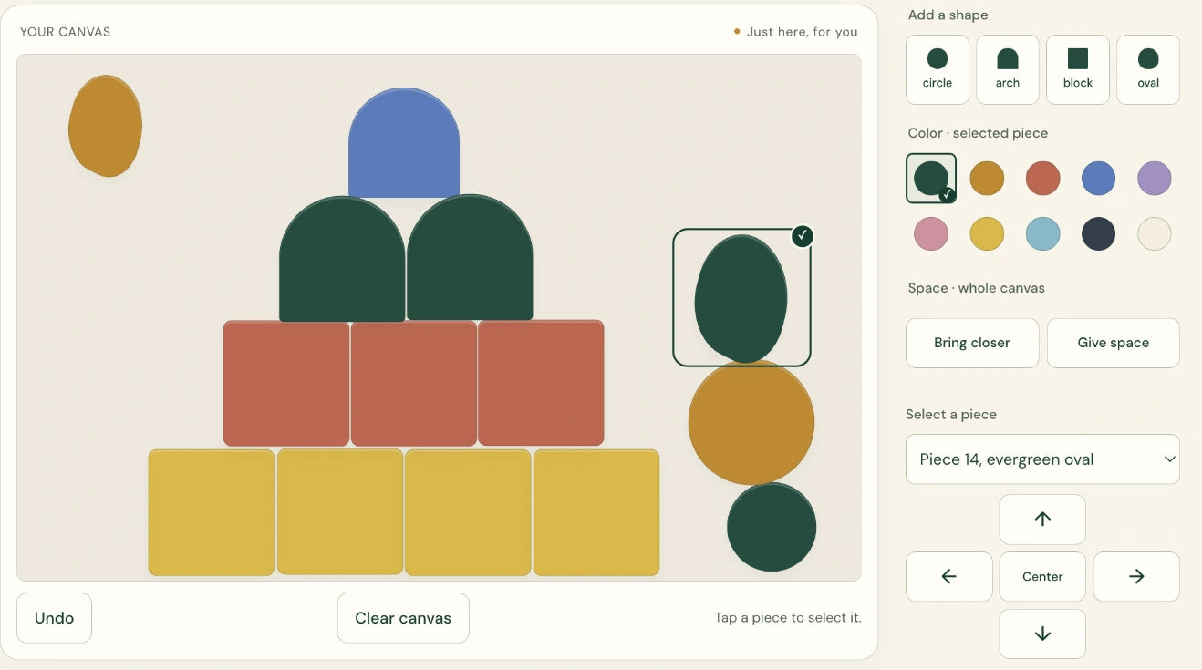 A real Make canvas with a stack of colorful shapes, a color palette and Bring closer and Give space controls.