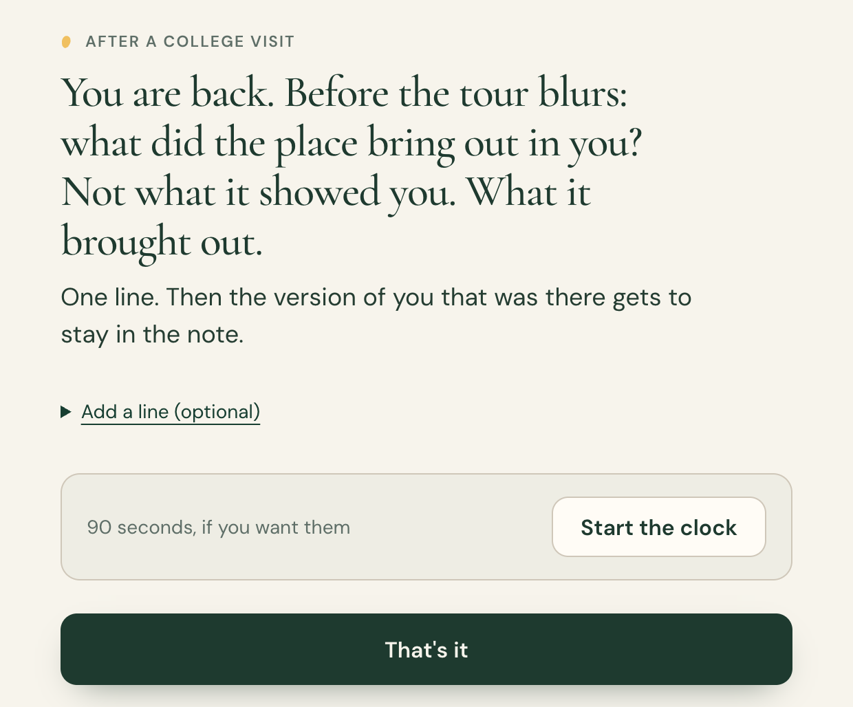 After a college visit. An authored Where From Here question with Add a line closed, an optional timer and a finish action.