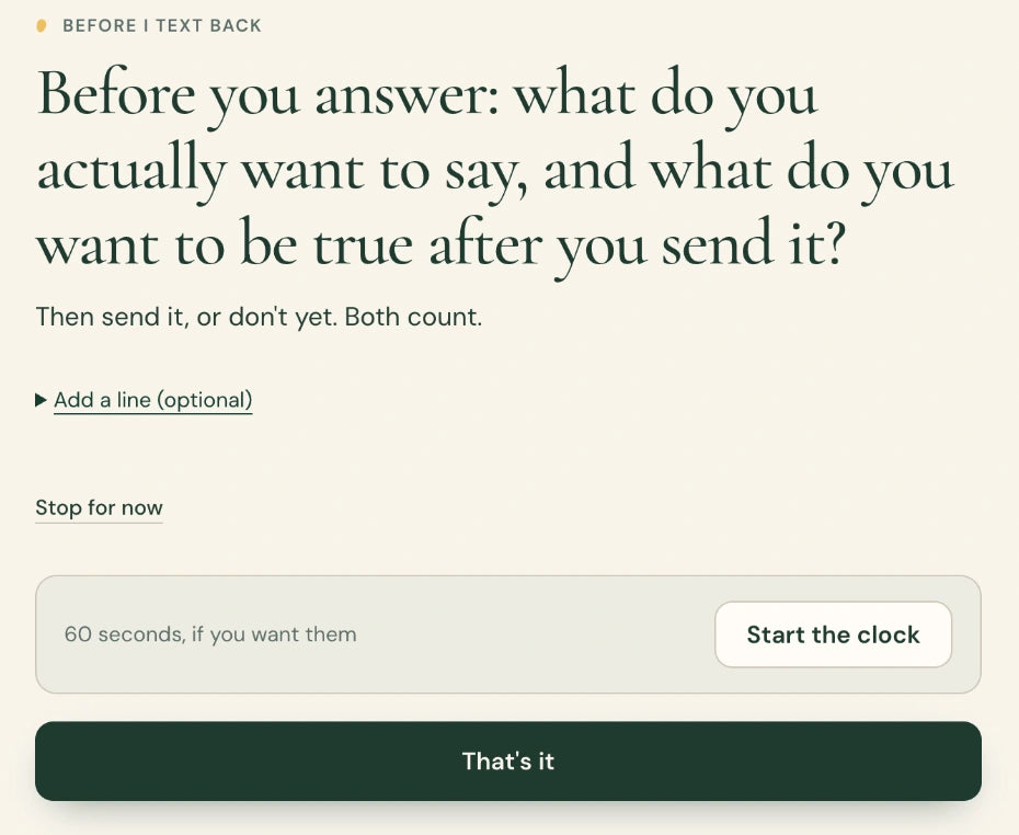 Before I text back. An authored question with Add a line still closed, an optional timer and a finish action.