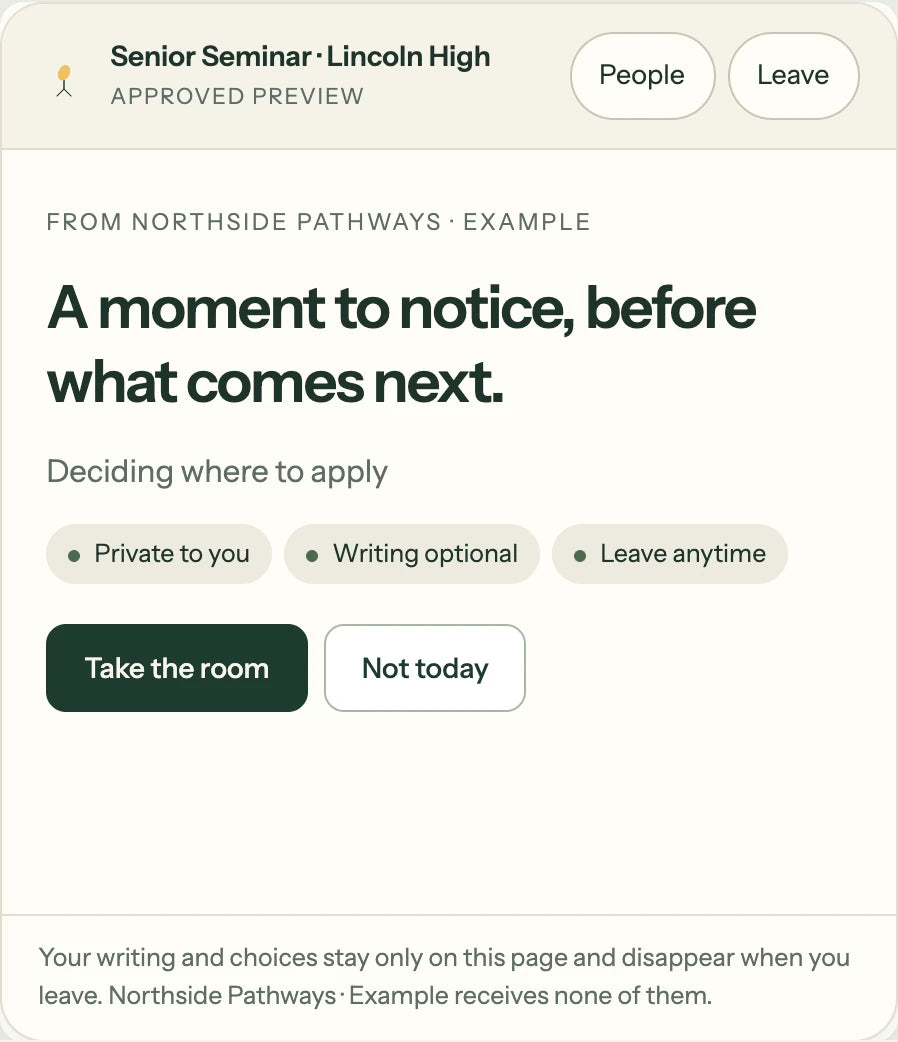 The Senior Seminar Companion as a student sees it, at the Deciding where to apply moment, with Private to you, Writing optional and Leave anytime, and a choice to take the room or not today.