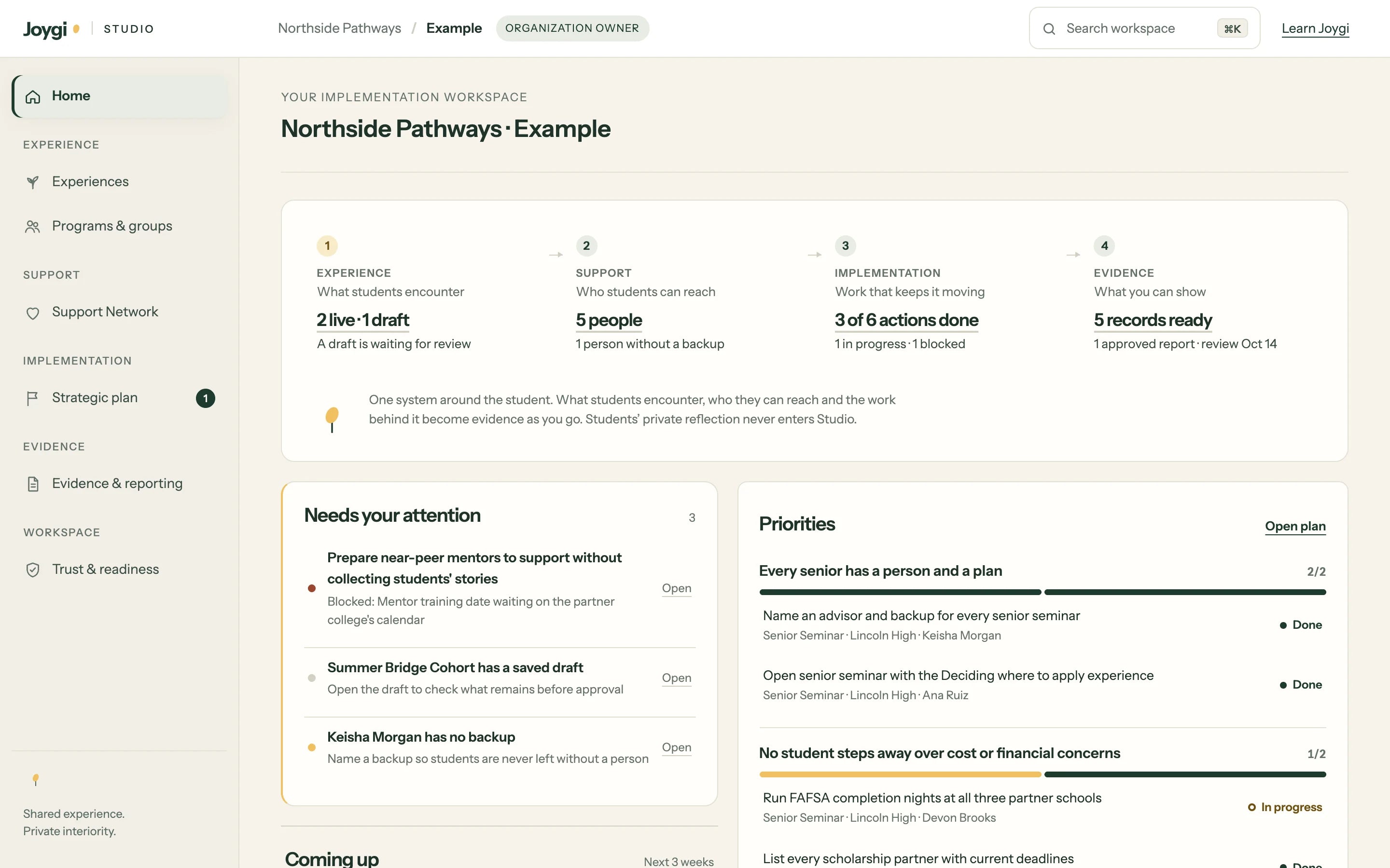 Joygi Studio Home for Northside Pathways, a fictional college-access nonprofit working with partner high schools: what students encounter, who they can reach, owned work in progress and evidence ready, with priorities such as every senior having a person and a plan.